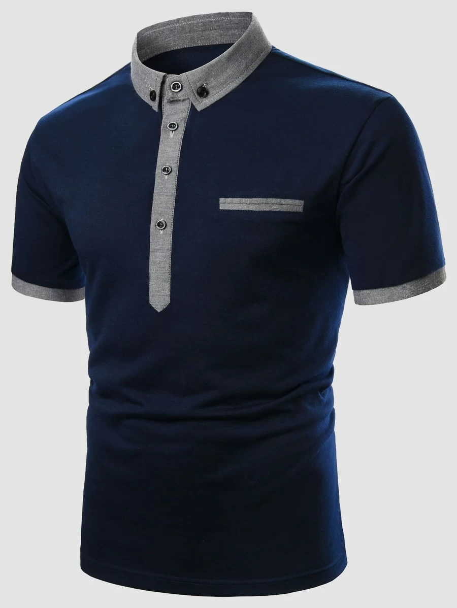 Men Button Front Contrast Collar Polo Shirt