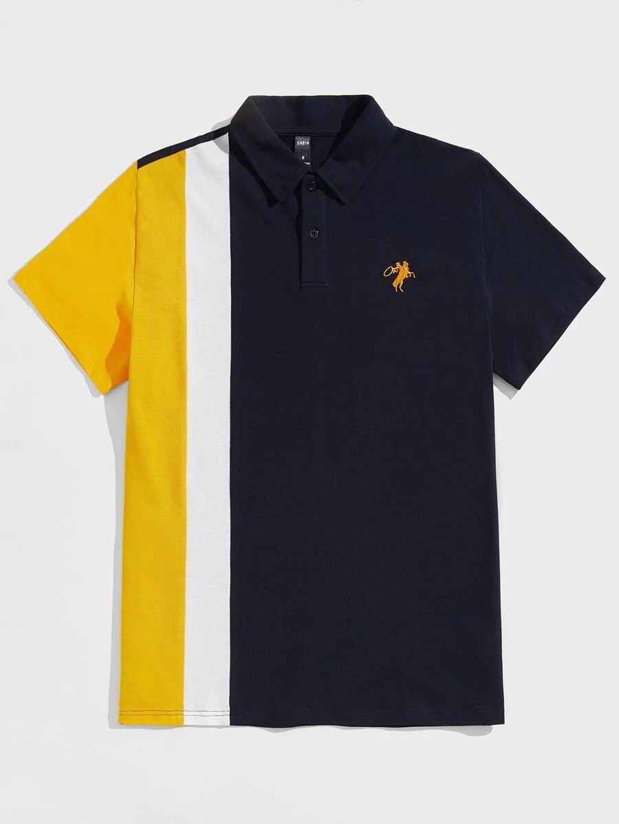 Horse Embroidered Color Block Polo Shirt