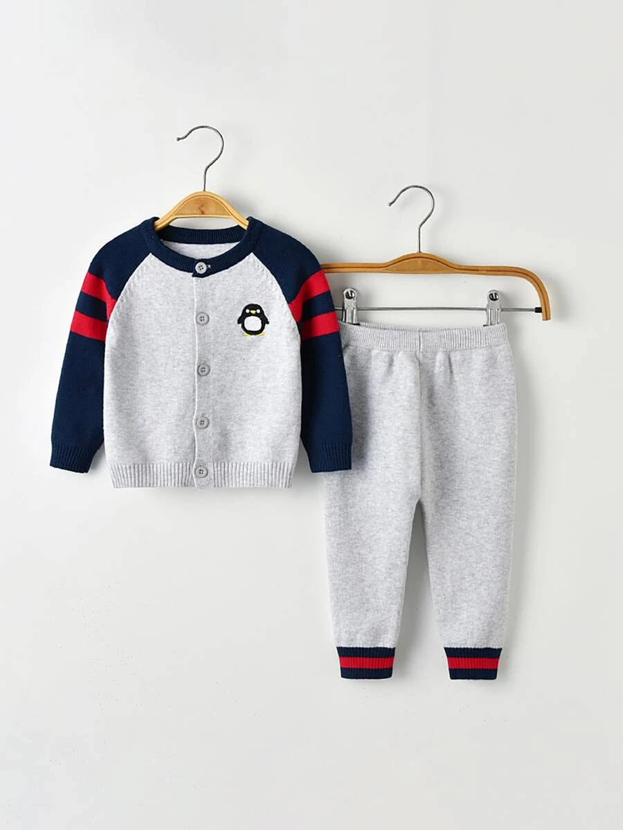 Baby Striped And Penguin Pattern Raglan Sleeve Cardigan & Knit Pants