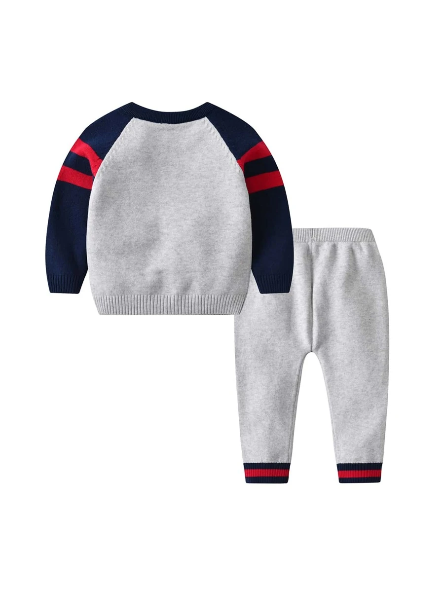 Baby Striped And Penguin Pattern Raglan Sleeve Cardigan & Knit Pants