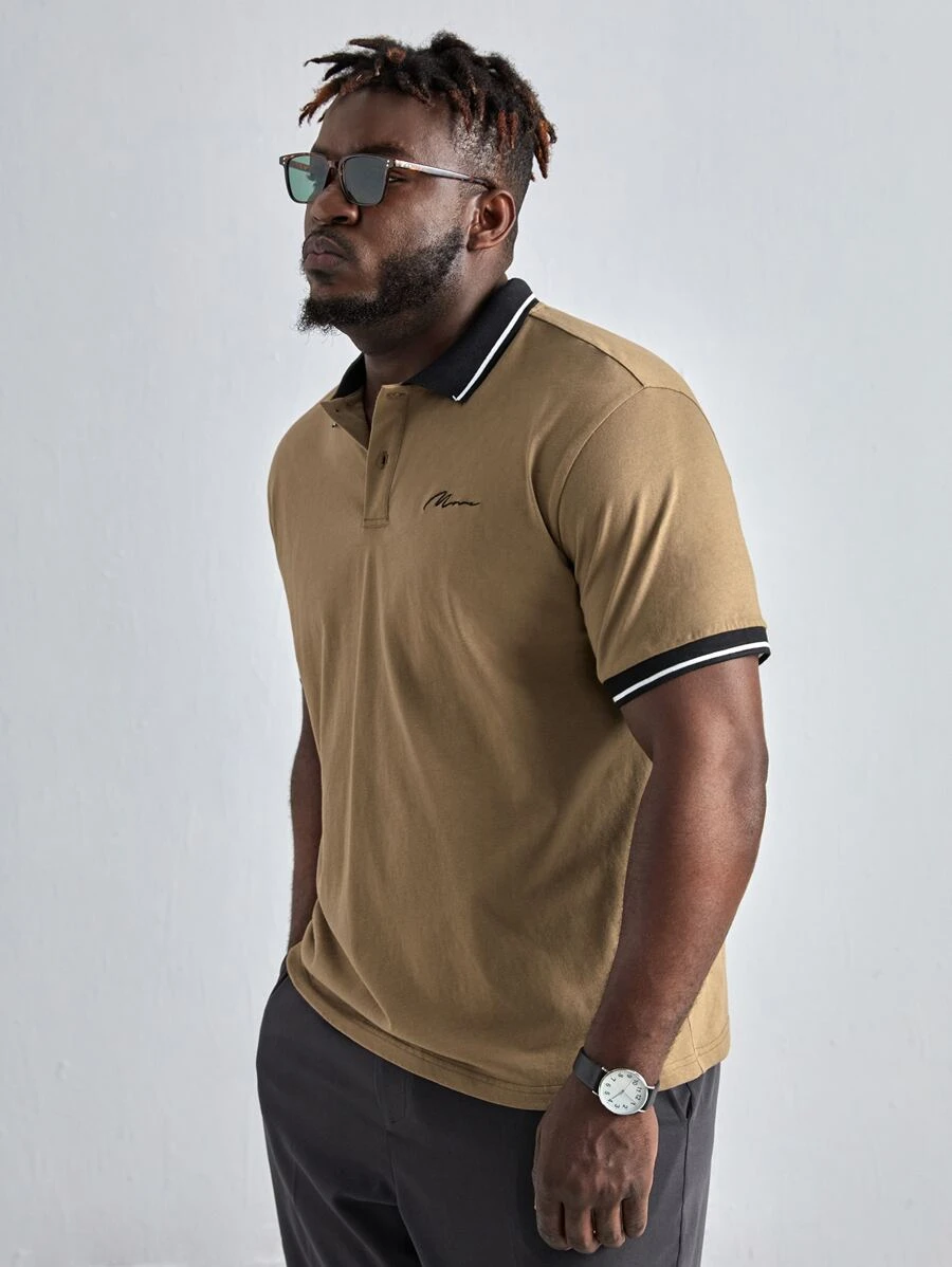 Extended Sizes Contrast Trim Letter Embroidery Polo Shirt